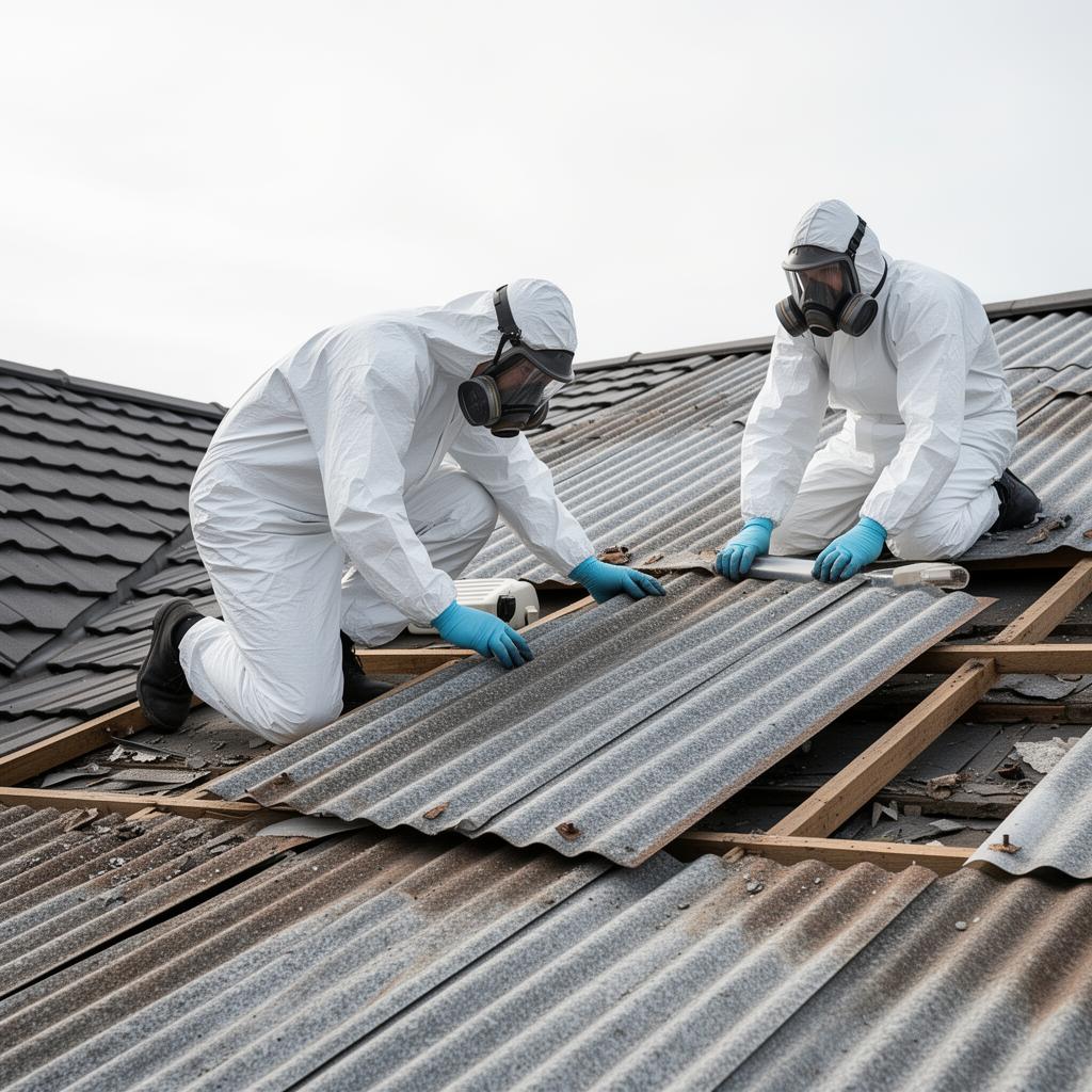 Workers safely removing asbestos in protective suits