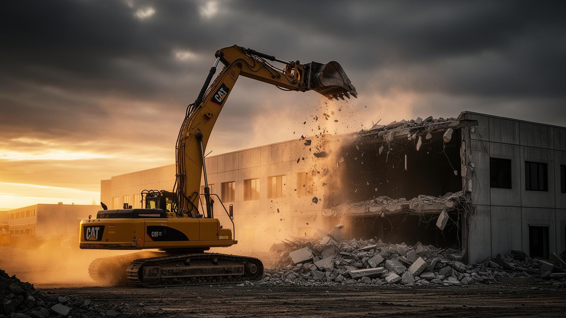 Excavator demolishing a commercial building at sunset